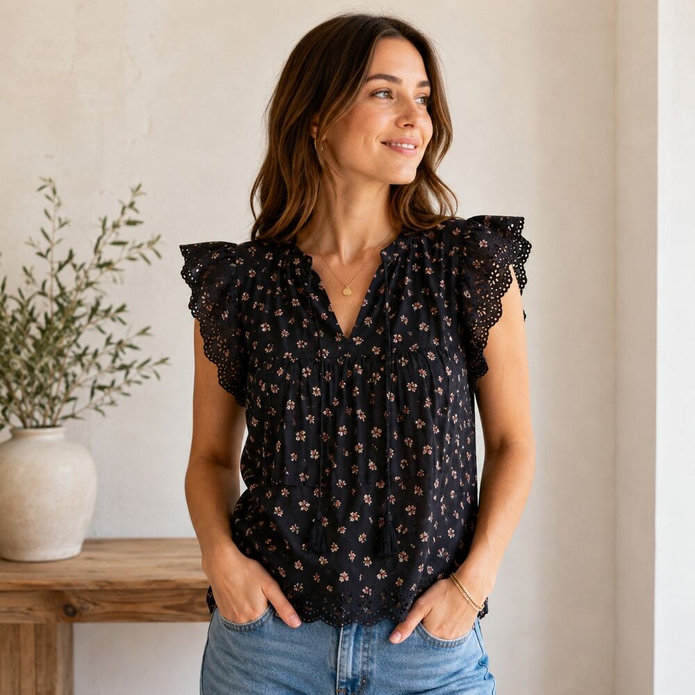 Ulla Johnson Blouse Top Ditsy Floral Eyelet Flutter Sleeve Black Size 2